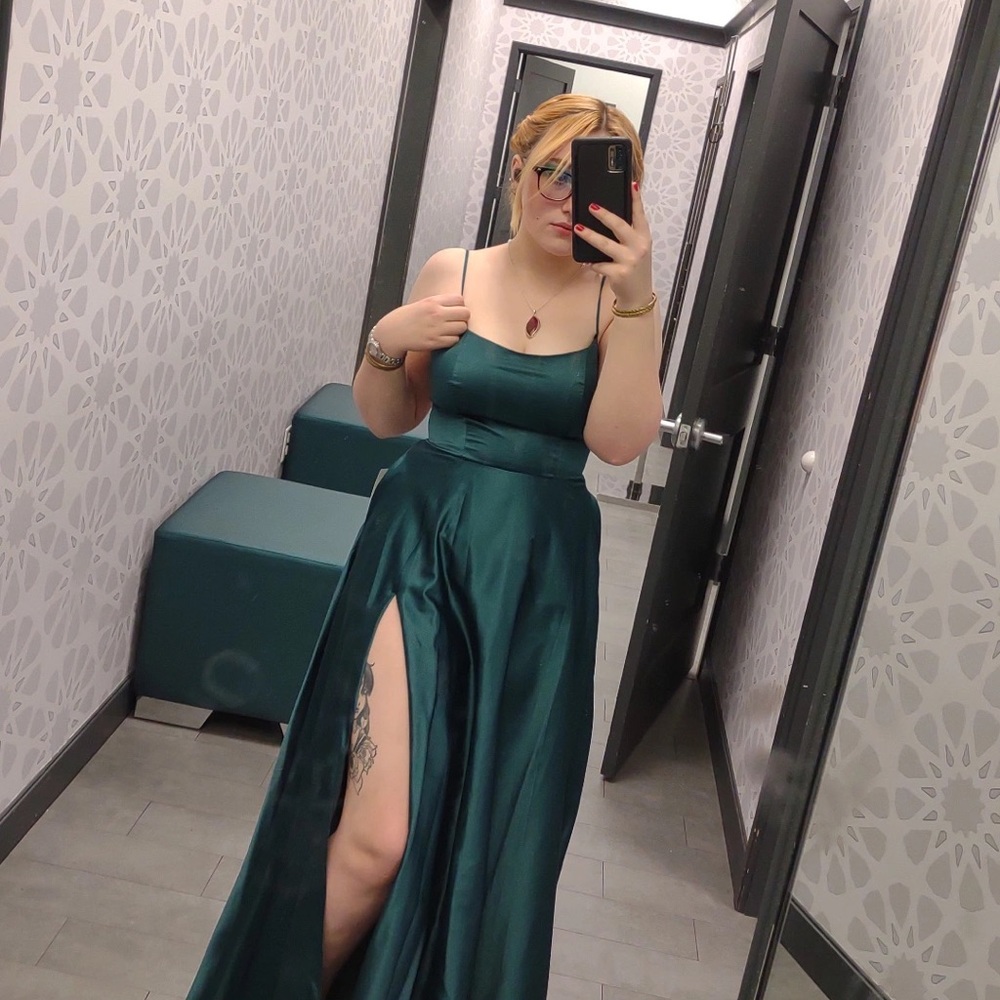 Green formal dress with slit up left leg